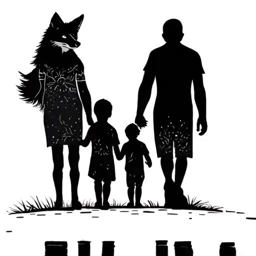 Kingston upon Thames bridge. Fox is watching over. Family silhouette holdings hands, dad, mum and two boys.    tattoo design idea