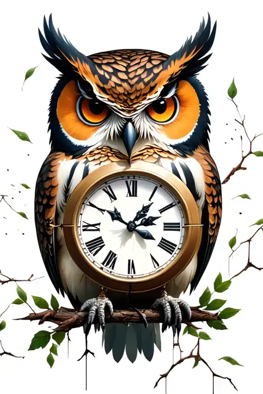 owl, forest, broken clock tattoo design idea
