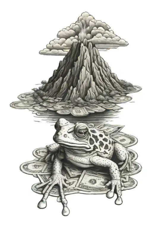 money frog with volcano floor background black and white tattoo design idea
