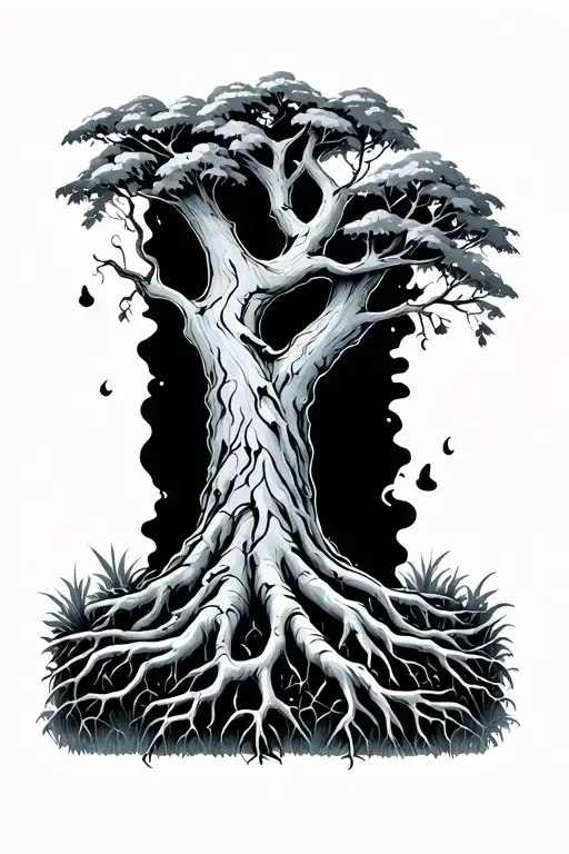 tree with roots fill gap tattoo design idea