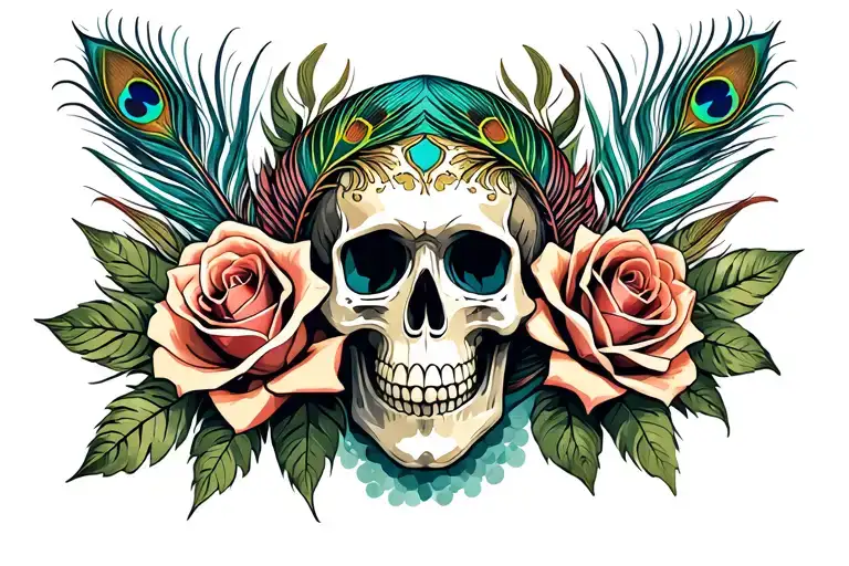 skull, roses with leaves, peacock feathers tattoo design idea