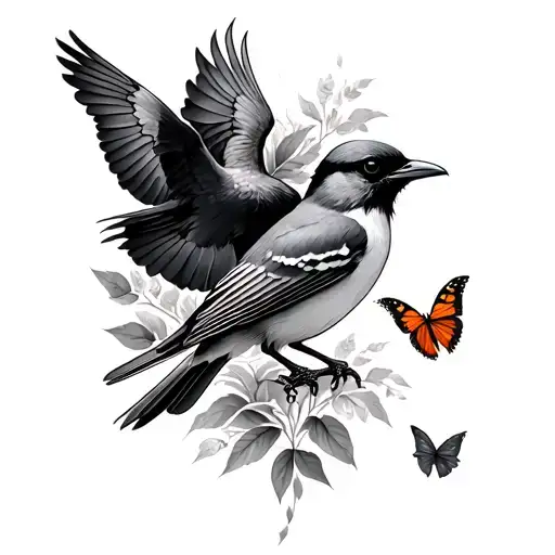 a mockingbird, a crow, and a butterfly tattoo design idea