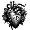 dagger piercing trough a realistic human heart ensnared by black roses with thorns. Add a black mamba tattoo design idea