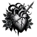 dagger piercing trough a realistic human heart ensnared by black roses with thorns. Add a black mamba tattoo design idea