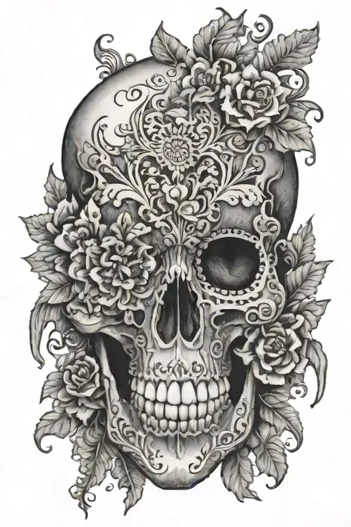 A hauntingly beautiful skull adorned with intricate floral patterns inspired by horror movies tattoo design idea