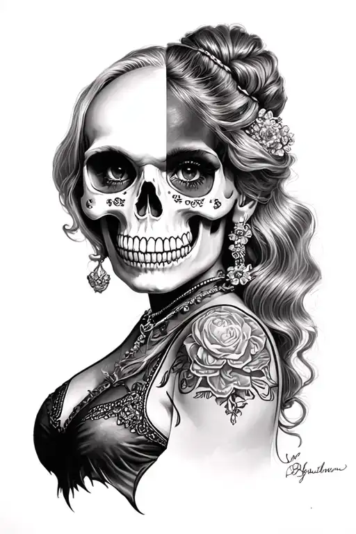 half skull half rockabilly girl tattoo design idea
