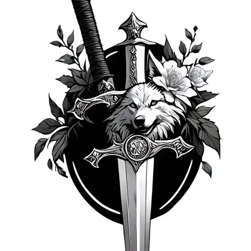 geralt of rivias 2 Witcher Swords wrapped with flowers and wolf medalion tattoo design idea