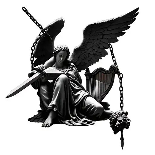 The statue of the angel constrained in chains, in one hand a book, in the other sword, in the third harp, in the fourth severed head tattoo design idea