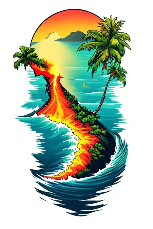 big island map hawaii ocean waves volcano tattoo design idea