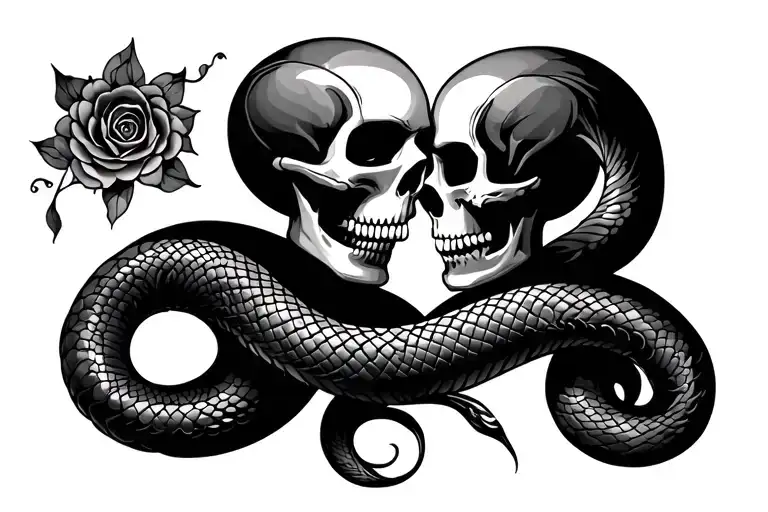 skulls kissing each other oriental design featuring a serpent  tattoo design idea