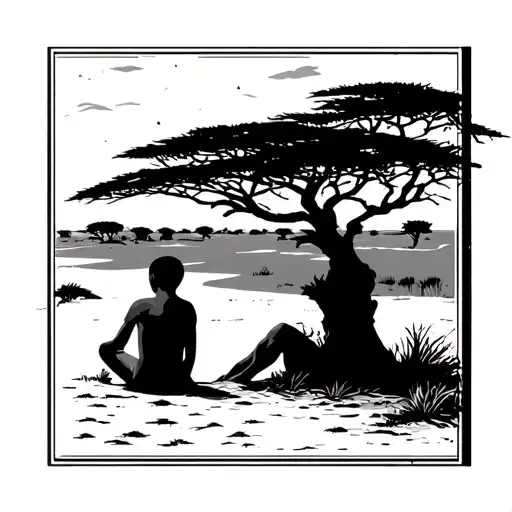 border rectangle with Africa scape inside. acacia tree and boy facing away sitting on the ground. fine line/simplistic tattoo design idea