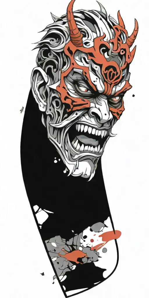 male anime character  oni mask fighting off inner demons  tattoo design idea