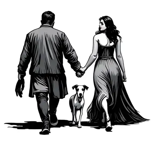 a man and a woman walking hand in hand with a greyhound in front of them tattoo design idea