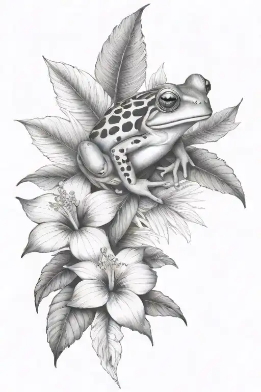 frog and tropical leaves and hibiscus tattoo design idea