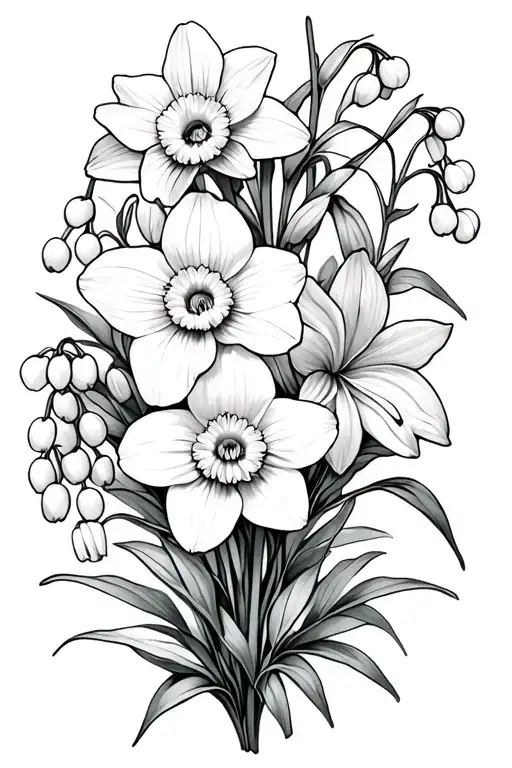 daffodil, aster, lily of the valley flowers growing tattoo design idea
