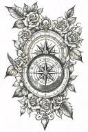 compass without a frame just the arrows, with jasmine flowers and a heart on top pierced by the compass tattoo design idea