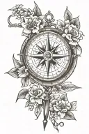 compass without a frame just the arrows, with jasmine flowers and a heart on top pierced by the compass tattoo design idea
