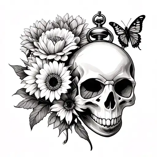bird skull, moth, butterfly, carnation, daffidol, tulips, sunflowers, bird of paradise, pocket watch, bees, spider tattoo design idea