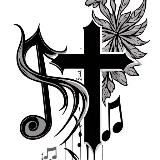roman numerals with music notes and a cross tattoo design idea