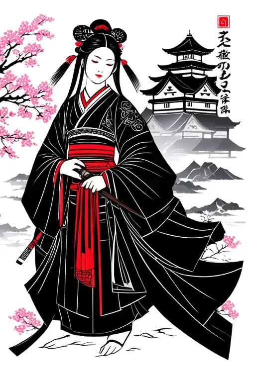 japanese lady holding samurai background castle ang sakura tree tattoo design idea