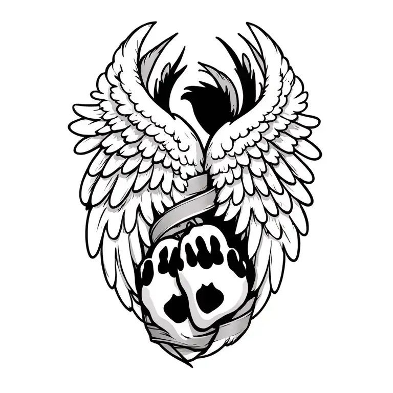 two dog paws and angel wings wrapped tattoo design idea