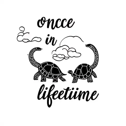 elephant and turtle facing eachother and words once in a lifetime tattoo design idea