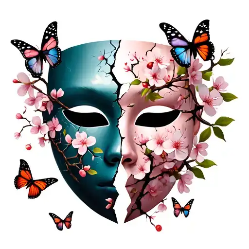 Half-mask cracked, with cherry blossoms and butterflies flying out — showing healing from trauma. tattoo design idea