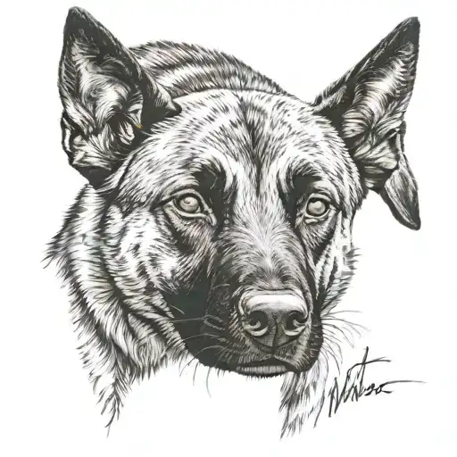 half belgian malinois face with Tiago written through it tattoo design idea