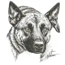 half belgian malinois face with Tiago written through it tattoo design idea