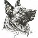half belgian malinois face with Tiago written through it tattoo design idea