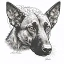 half belgian malinois face with Tiago written through it tattoo design idea