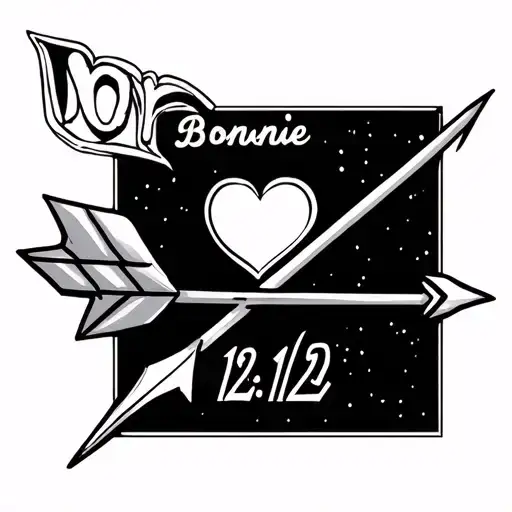 long thin arrow with heart as blade with name Bonnie above and 12:12 below simple tattoo design idea