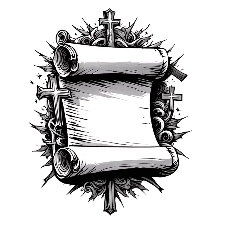 a detailed scroll surrounded by crosses shooting behind it  tattoo design idea