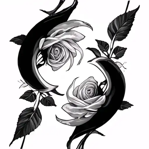 Two open 👁️ 👁️ in the 🌫️  at a black and white rose 🌹 intertwined, the moons reflection in the shards of glass  tattoo design idea