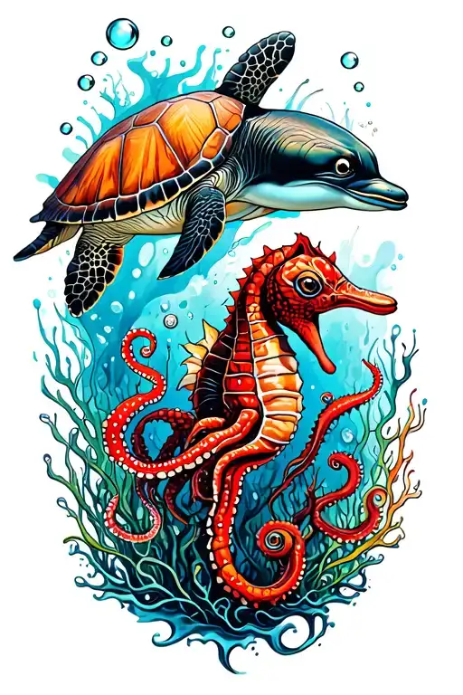 colouring in drawing of underwater scene with a turtle, dolphin, octopus, and sea horse with bubbles and sea weed, coral tattoo design idea