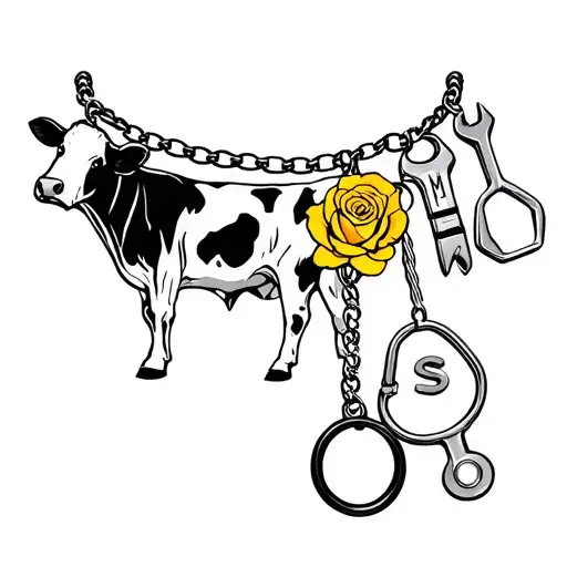 charm bracelet with yellow rose, Holstein cow , stethoscope, wrench , I,S,M tattoo design idea