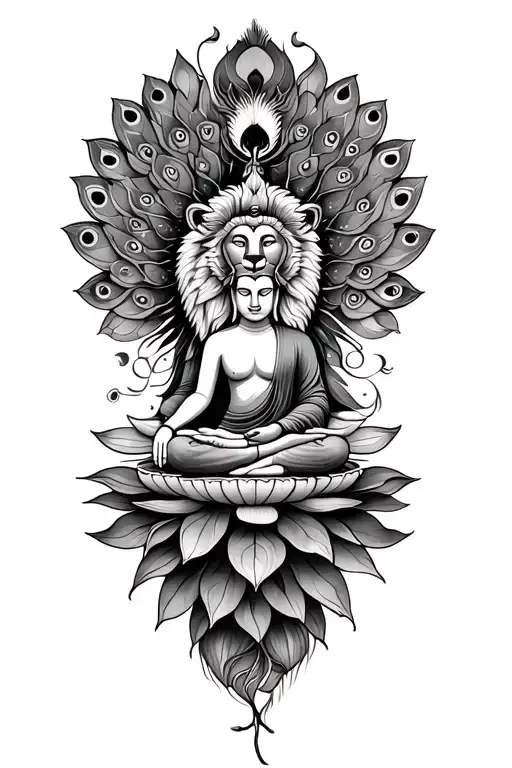 lion and budha sitting in a lotus flower peacock surrounding  tattoo design idea