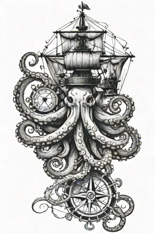 octopus on one side of the hand so that the tentacles go over the fingers. On the other side a ship/compass tattoo design idea