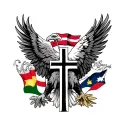 upper arm sleeve which includes eagle and cross and three flags (Danish, Hungarian and Australian) tattoo design idea