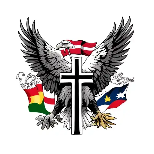 upper arm sleeve which includes eagle and cross and three flags (Danish, Hungarian and Australian) tattoo design idea