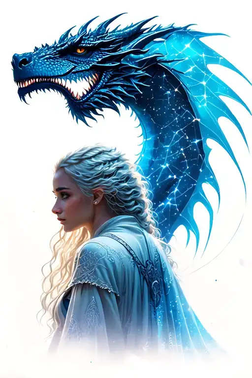 Daenerys Targaryen from behind looking at the sky, with the dragon constellation tattoo design idea