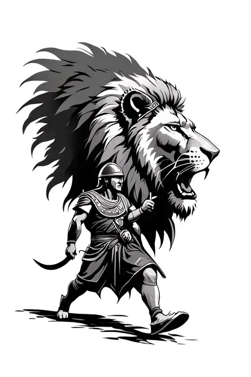 lion head with a gladiator wearing a helmet walking infront of the lion tattoo design idea