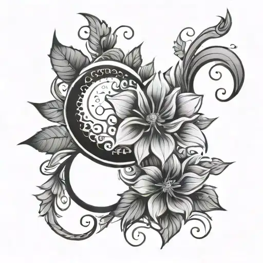 flowers, a new moon and a stylised womb tattoo tattoo design idea