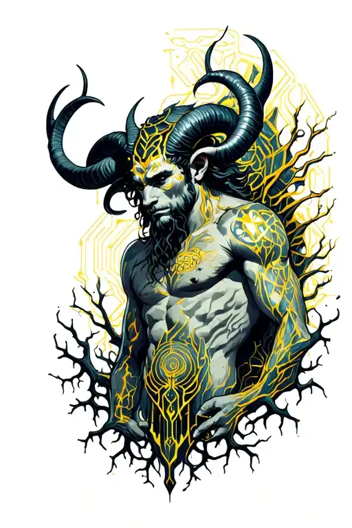 Cybersigilism tattoo of horned, muscular male satyr surrounded by tribal patterns of roots, branches, veins. Masculine tattoo design idea