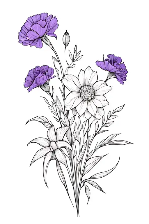 black/white fine-line tatto with a bouqet of carnation, violet, gladiolus, aste, chrystantemum, daffodil, just the lines tattoo design idea