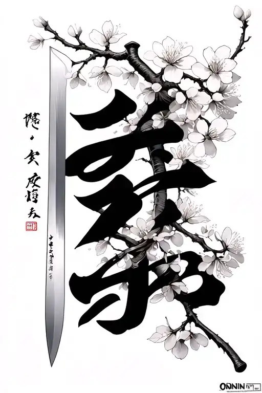 Cherry Blossom branches٫ Ronin Samurai Blade٫ Katchia name in Japanese letters٫ dark shading tattoo design idea