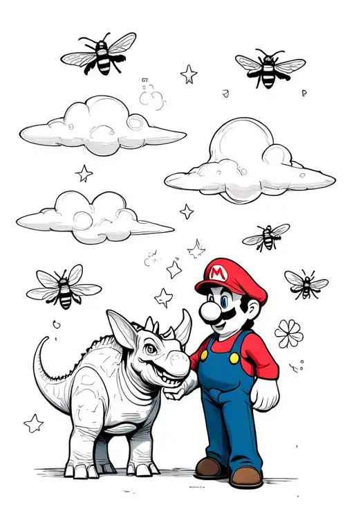Mario holding Sally's hand while petting a triceratops. mushrooms, bees, flowers, stars, airplanes, clouds  tattoo design idea