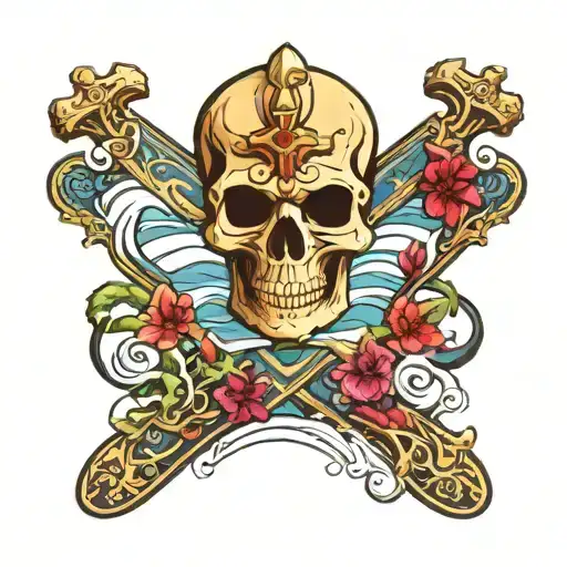 surf / skate board skull cross bones. wave and Gems. tattoo design idea