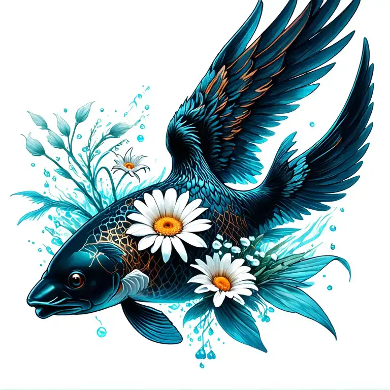 jumping Up out of water black koi with phoenix wings, bouquet with an aster, a daisy, a lily of the valley tattoo design idea