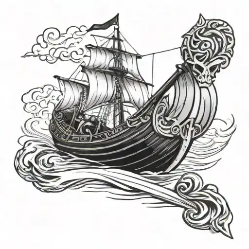 A realistic, black and gray Viking boat with an ox skull on the bow tattoo design idea